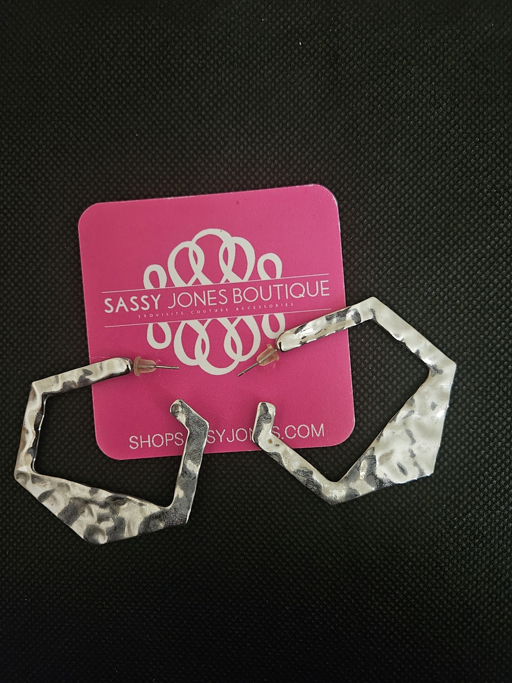 Sassy Jones - Arsha Geometric Silver Textured Angular Hoop Earrings